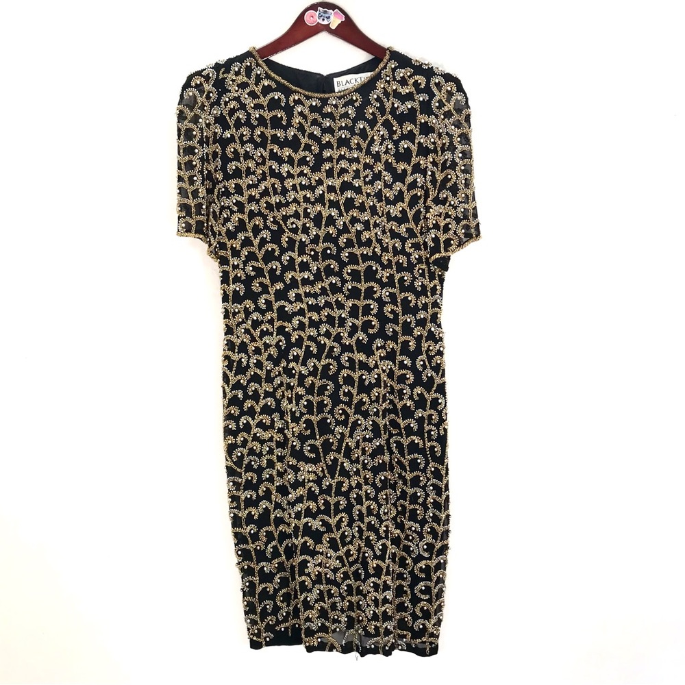 Vtg 100% silk Black Tie Oleg Cassini beaded cocktail party dress black gold